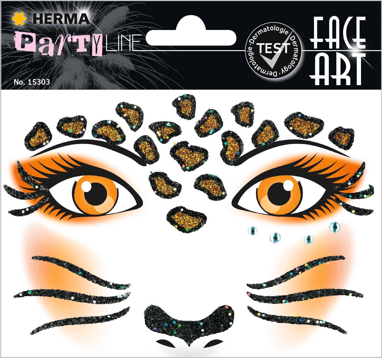 HERMA 15303 Face Art Sticker Leopard, Dermatologically Tested, Removable Glitter Face Stickers, Temporary Tattoos for Carnival, Halloween, Festival, Children's Birthday, Orange
