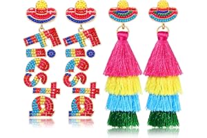 NVENF 2 Pairs Mexican Earrings: Cinco De Mayo Fiesta Layered Tassel Earrings, Piata Sombrero Chili Pepper Designs
