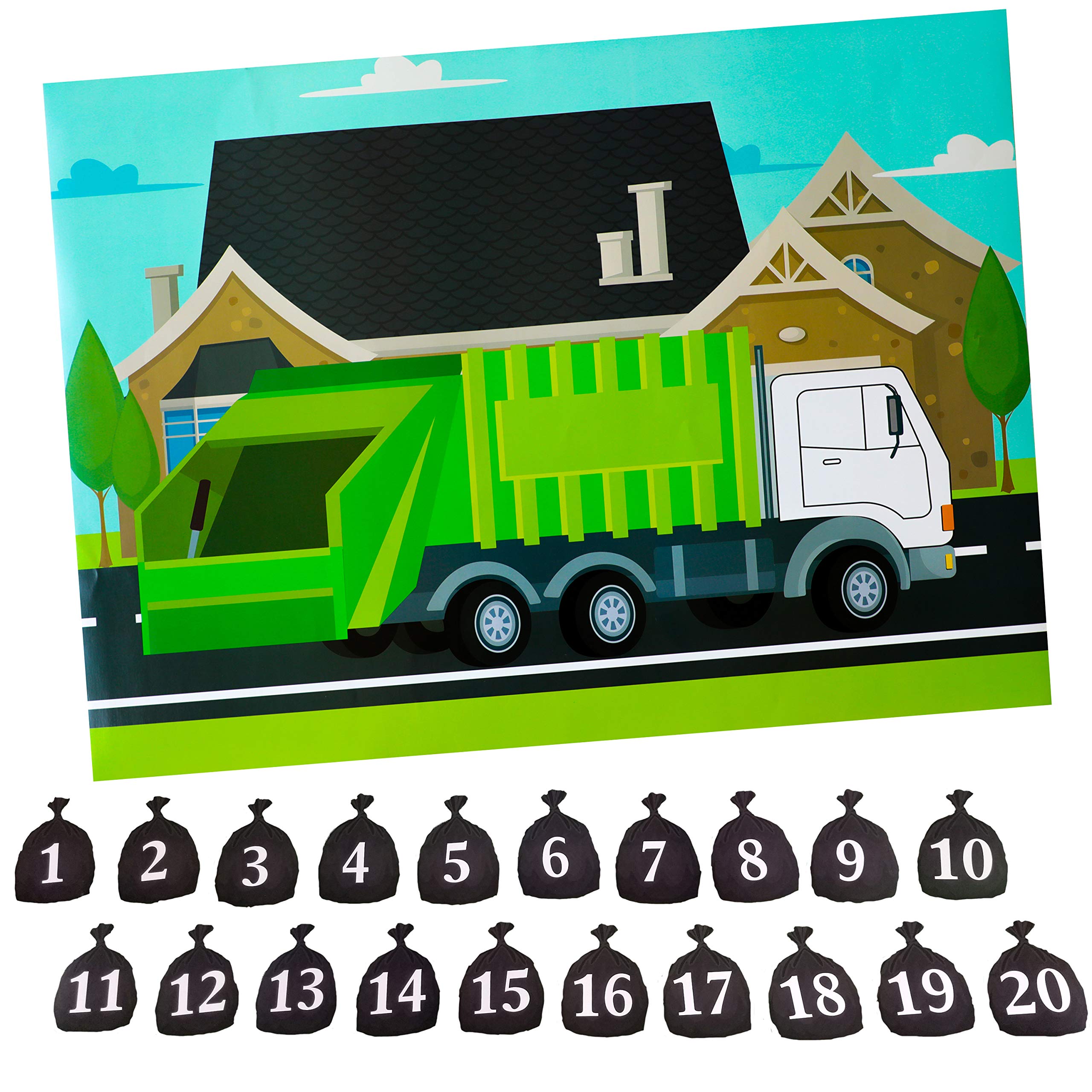 Photo 1 of Finds Fit 4U Garbage Truck Party Game - Trash Truck Birthday Party Supplies -Fun for All Ages - Pin The Garbage on The Garbage Truck