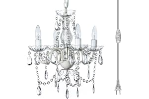 gypsy color The Original Brink House Plug-in 4 Light Crystal White Hanging Swag Chandelier H17.5”xW15”, White Metal Frame with Clear Glass Stem and Acrylic Crystals