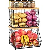 2 Set Stackable Wire Basket with Wooden Tops &amp; Pad for kitchen organizers and storage, XXL Kitchen Counter Organizer for Fruit, Vegetable, Bread, Potato and Onion Storage Bin