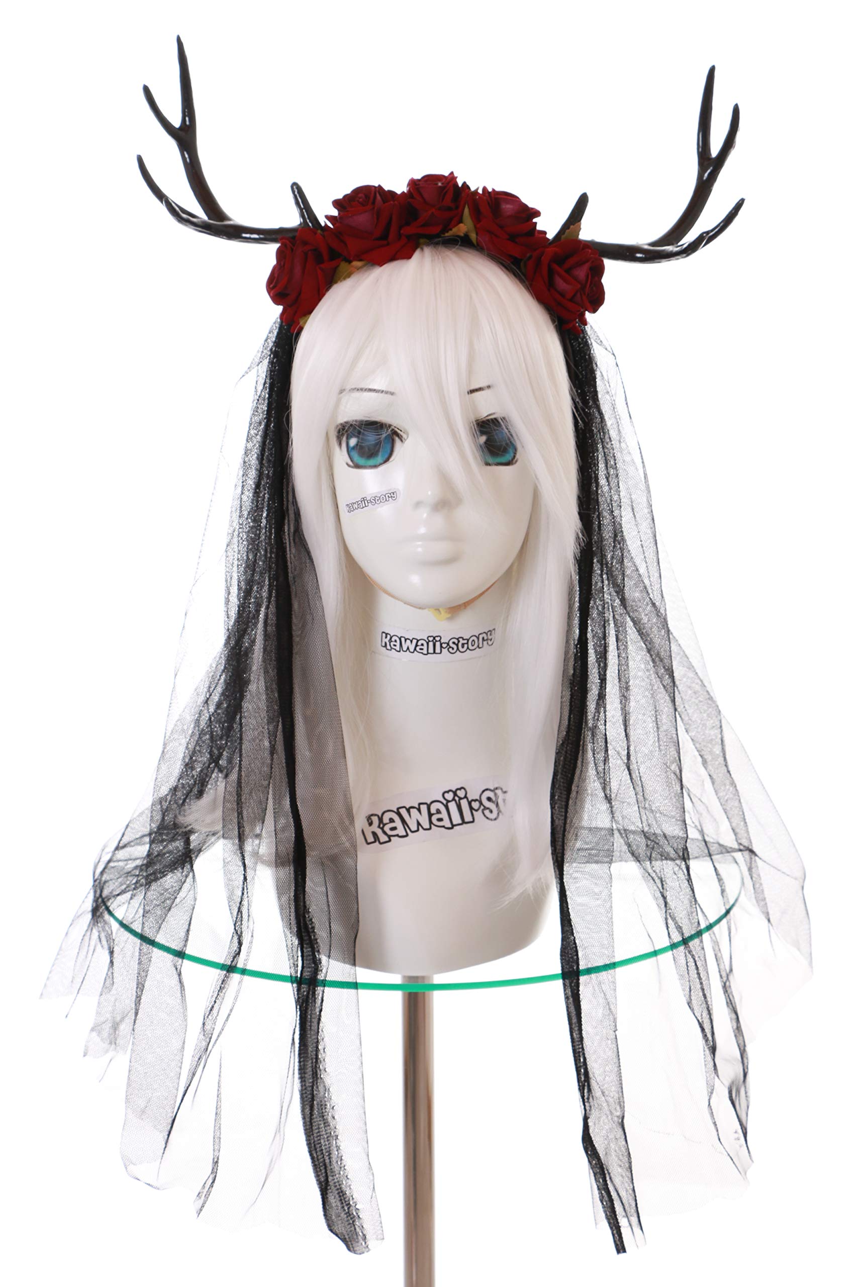 Kawaii-Story C-65 Deer Antlers Red Roses Veil Fantasy Forest Fairy Headband Headdress Gothic Lolita