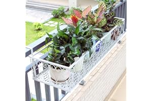 Mairuker Balcony Railing Plant Shelf, Flower Stand Rack 23.5 Inches Long Iron Hanging Flower Planter Basket Holder with Hooks for Outdoor Garden Fence Patio- White