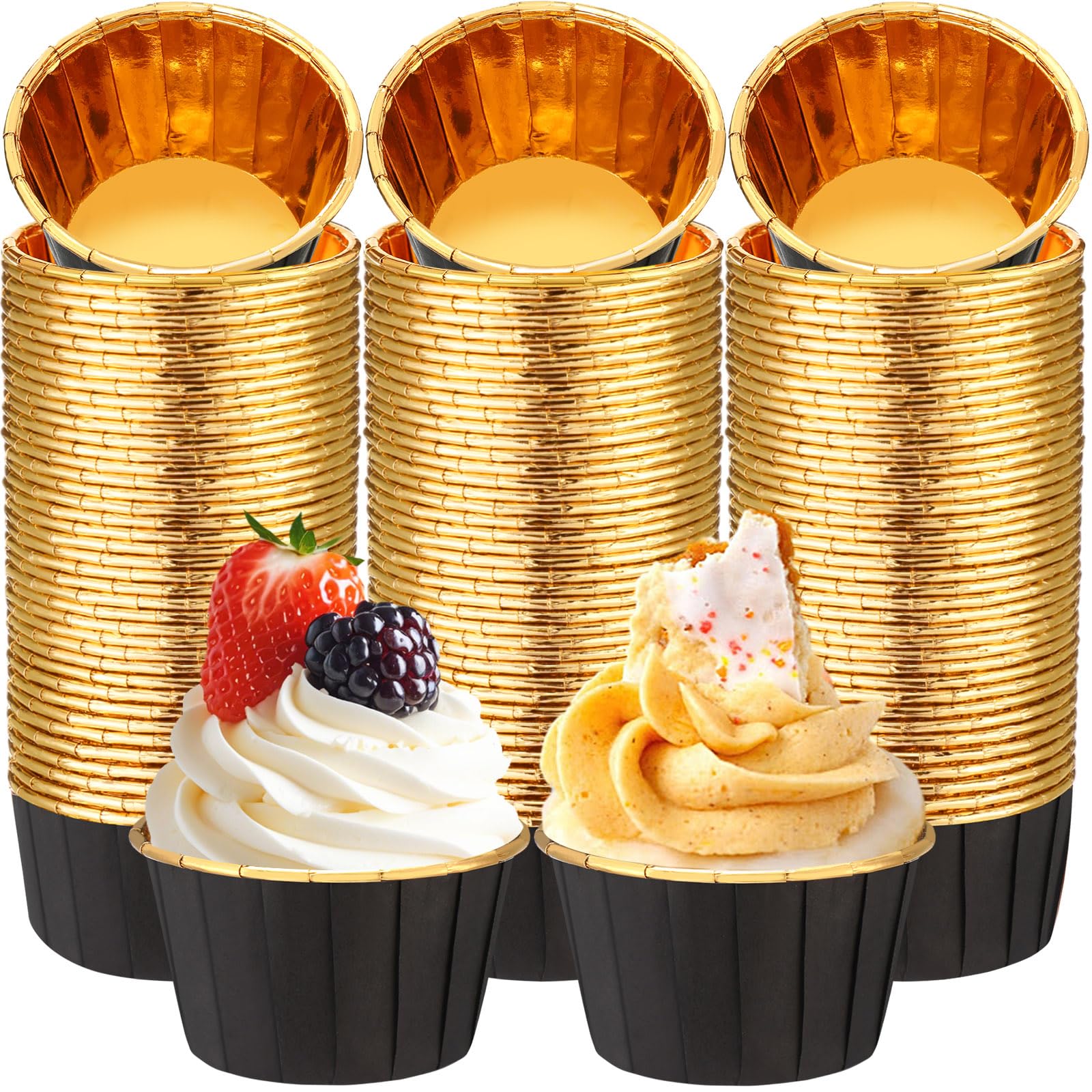 Photo 1 of Gandeer 300 Pack Black Gold Cupcake Liners Bulk Disposable Foil Muffin Cups 3.5 oz Wrappers for Baking Aluminum Paper Mini Metallic Disposable Holiday Party Wedding Festival Supply