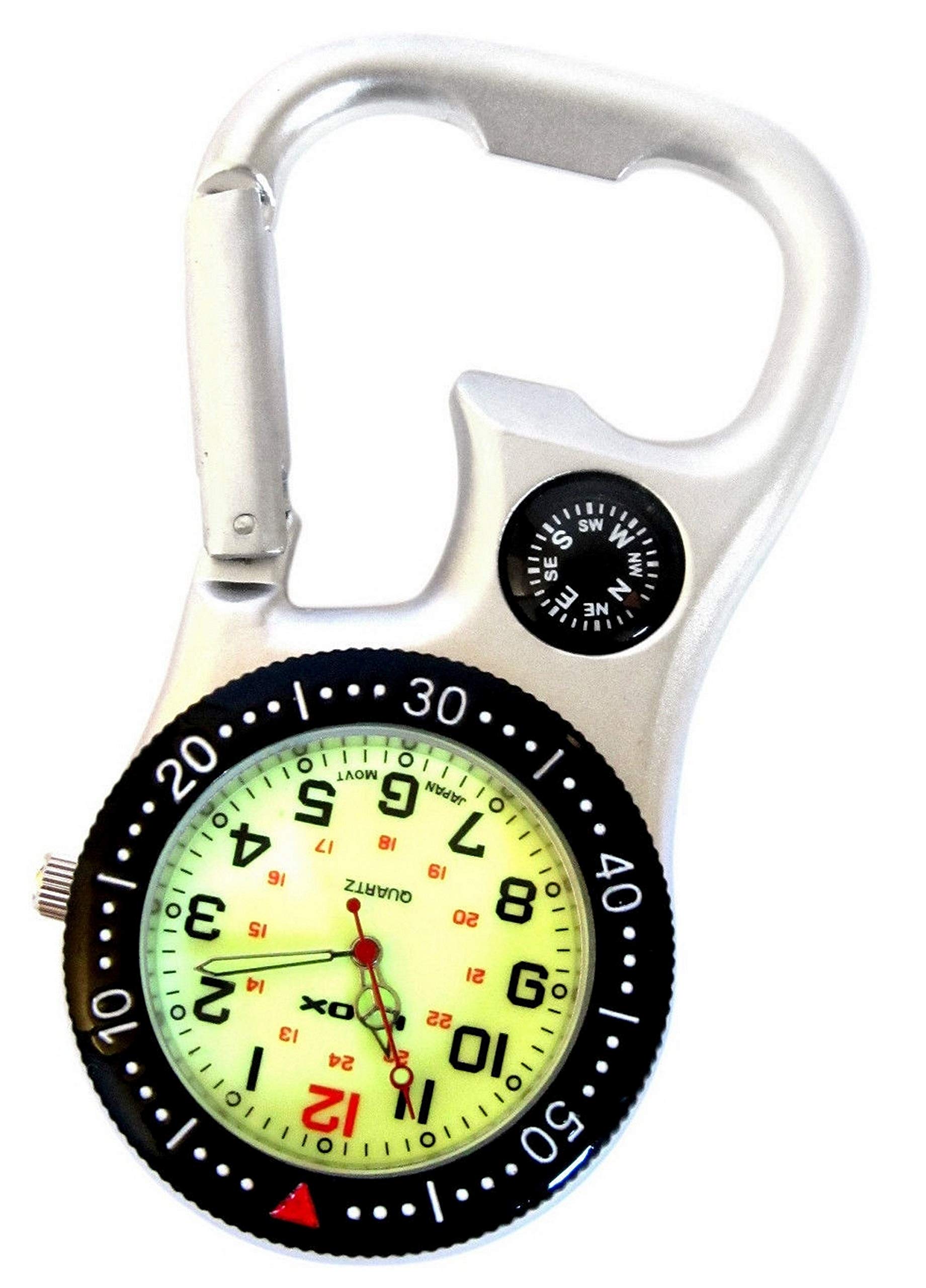 Klox White Silver Clip on Carabiner FOB Watch with Green Luminous Face and Compass and Bottle Opener for Doctors Nurses Paramedics Chefs