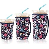 KJQJLY 3 Reusable Iced Coffee Sleeves for Iced Coffee Cups or Drinks Reusable Neoprene Insulated Sleeves for Hot and Cold Drinks from Starbucks, Dunkin, And More (Butterfly Bush)