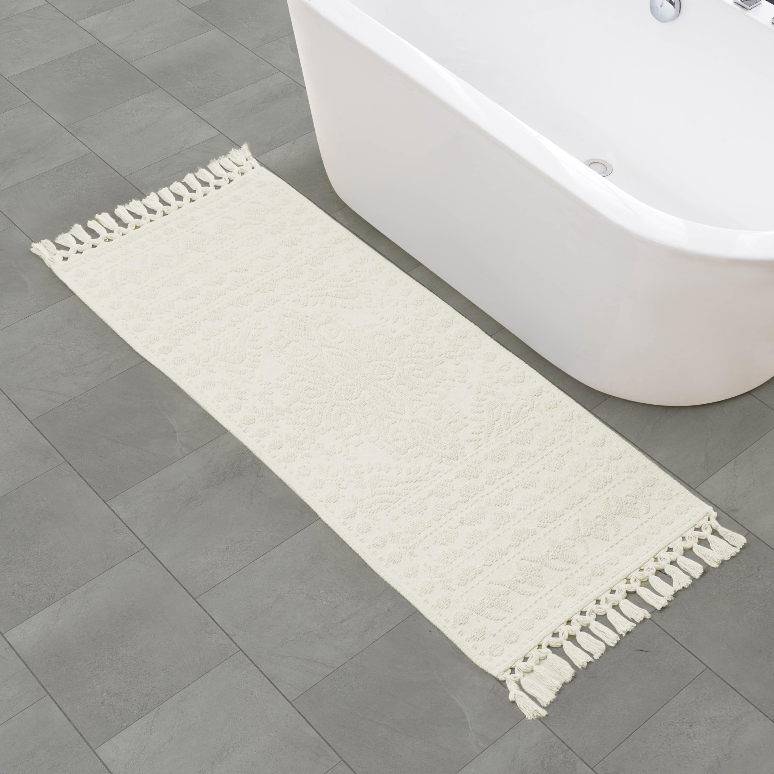French Connection Nellore Bathroom Rugs, Woven and Beaded Bathroom Mats, Durable Bath Rugs, Thick Bath Mats for Bathroom and Shower Rugs, 24" x 64", Ivory Image