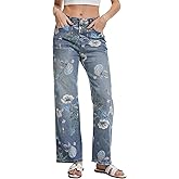 DAOAO Vintage Floral Jeans for Women 90s High Rise Wide Leg Casual Stretchy Denim Pants Trendy Pantalones De Mujer