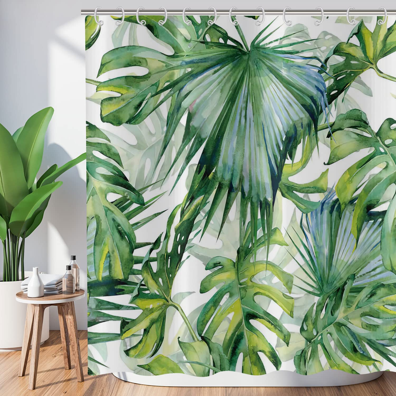 Hnmdmyi Tropical Leaf Shower Curtain 180x180, Green Palm Leaves Shower Curtains Jungle Plant Botanical Bathroom Curtains with Hooks Waterproof Polyester Fabric Washable Bath Curtains for Wet Room