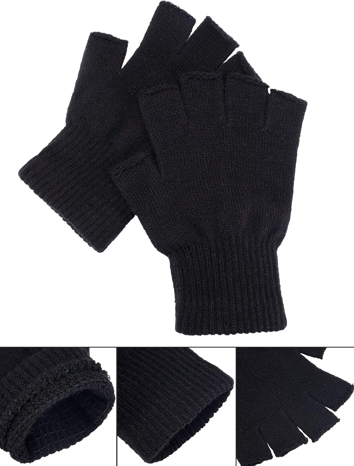 Satinior 2 Pair Black Half Finger Gloves Unisex Winter Stretchy Knit Fingerless Gloves, Common Size at  Men’s Clothing store