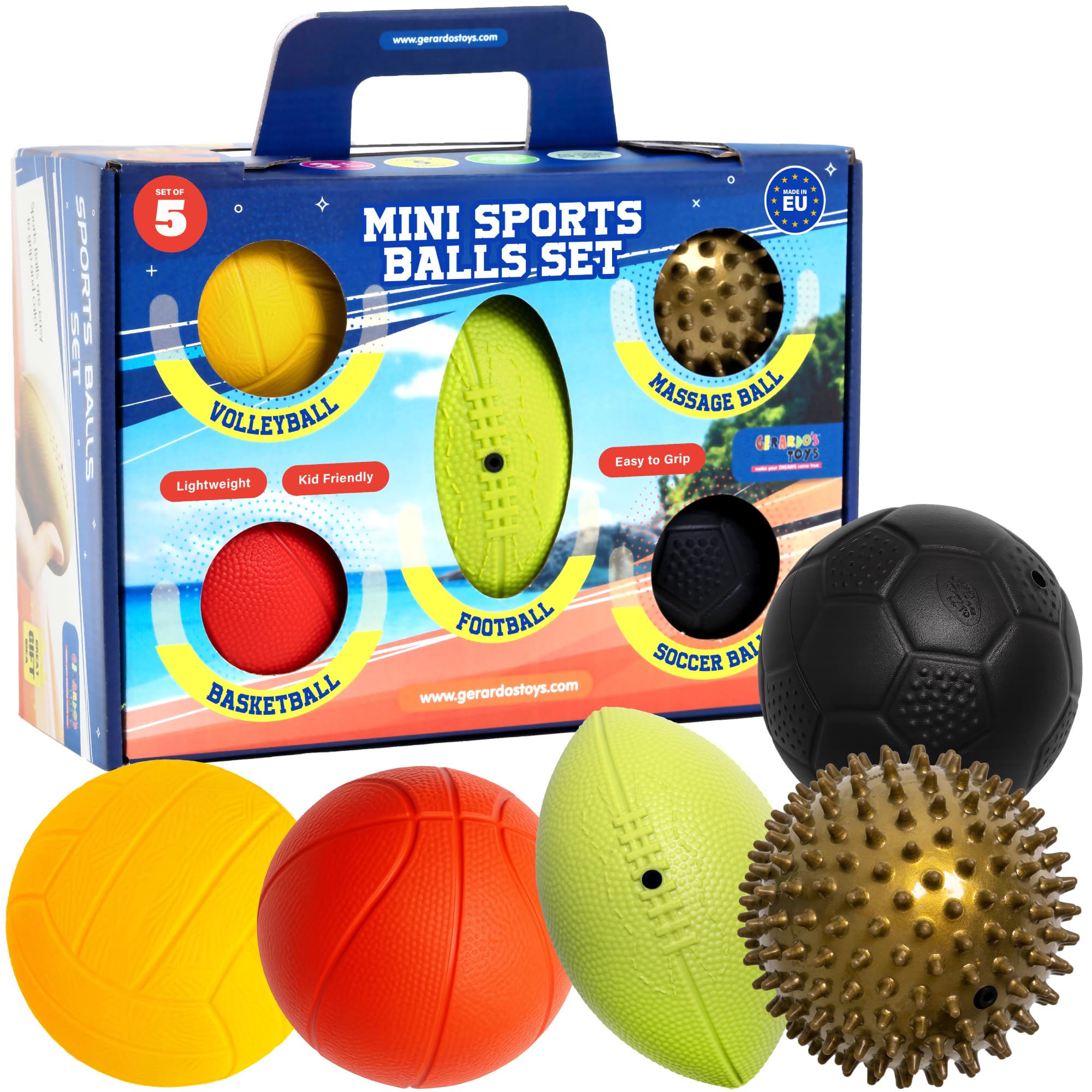 GERARDO'S set with 5 different sports balls - massage ball, mini basketball, mini football, rugby ball and volleyball for kids and adults I BPA and phthalate free - balls colours may vary