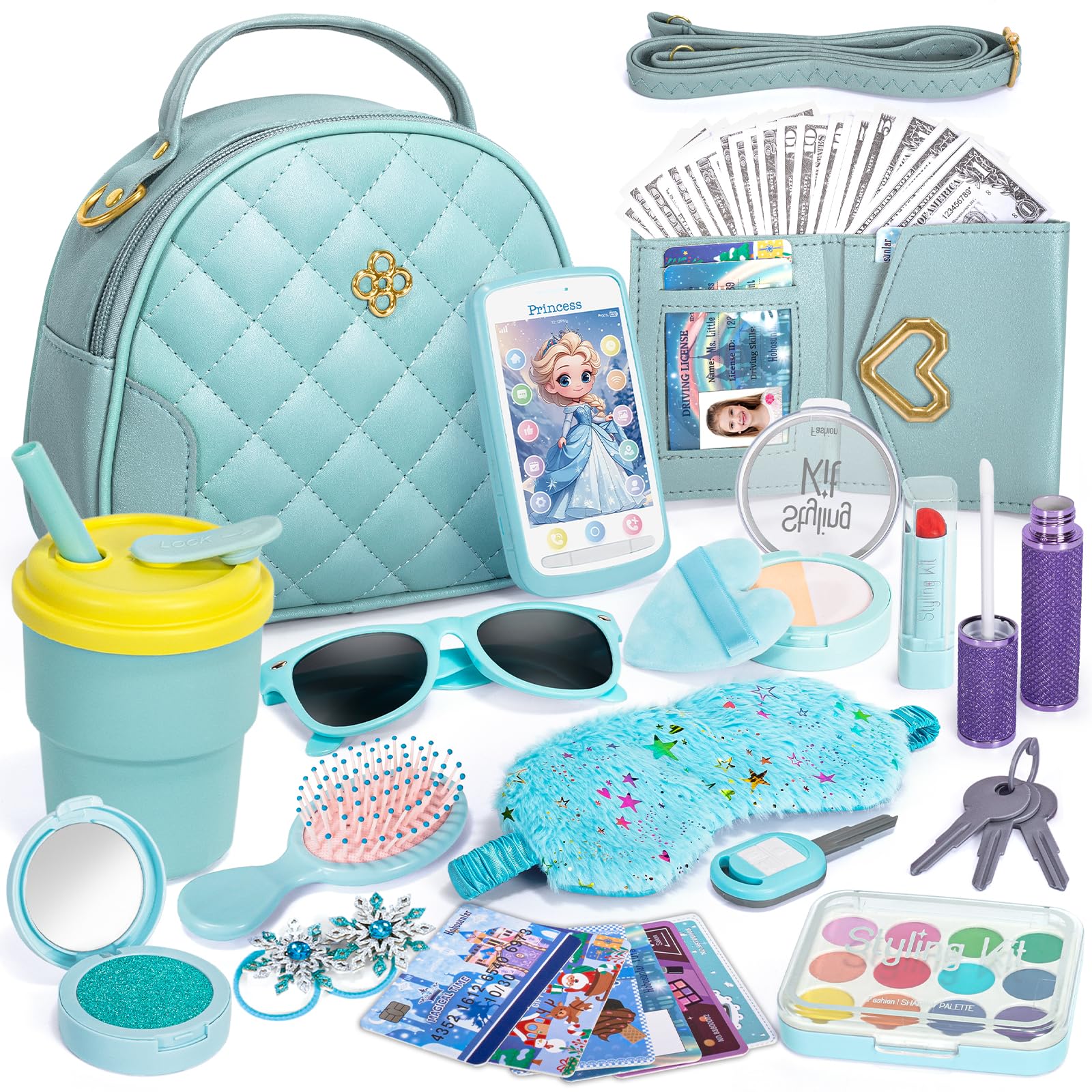 Photo 1 of Play Purse for Little Girl, Princess Frozen Toy Purse with Accessories, Pretend Makeup Set, Handbag, Wallet, Water Bottle, Birthday Toy for Girl 3 4 5 6 7 8 Year Old