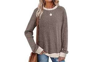 SAMPEEL Womens Tops Long Sleeve Shirts Lightweight Sweaters Loose Fit Crewneck Color Block Fall Fashion Outfits