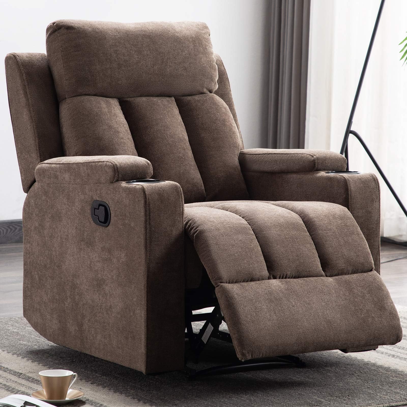 ANJ Fabric Recliner Chair with 2 Cup Holders Contemporary Theater Seating Padded Single Sofa for Living Room (Tan)