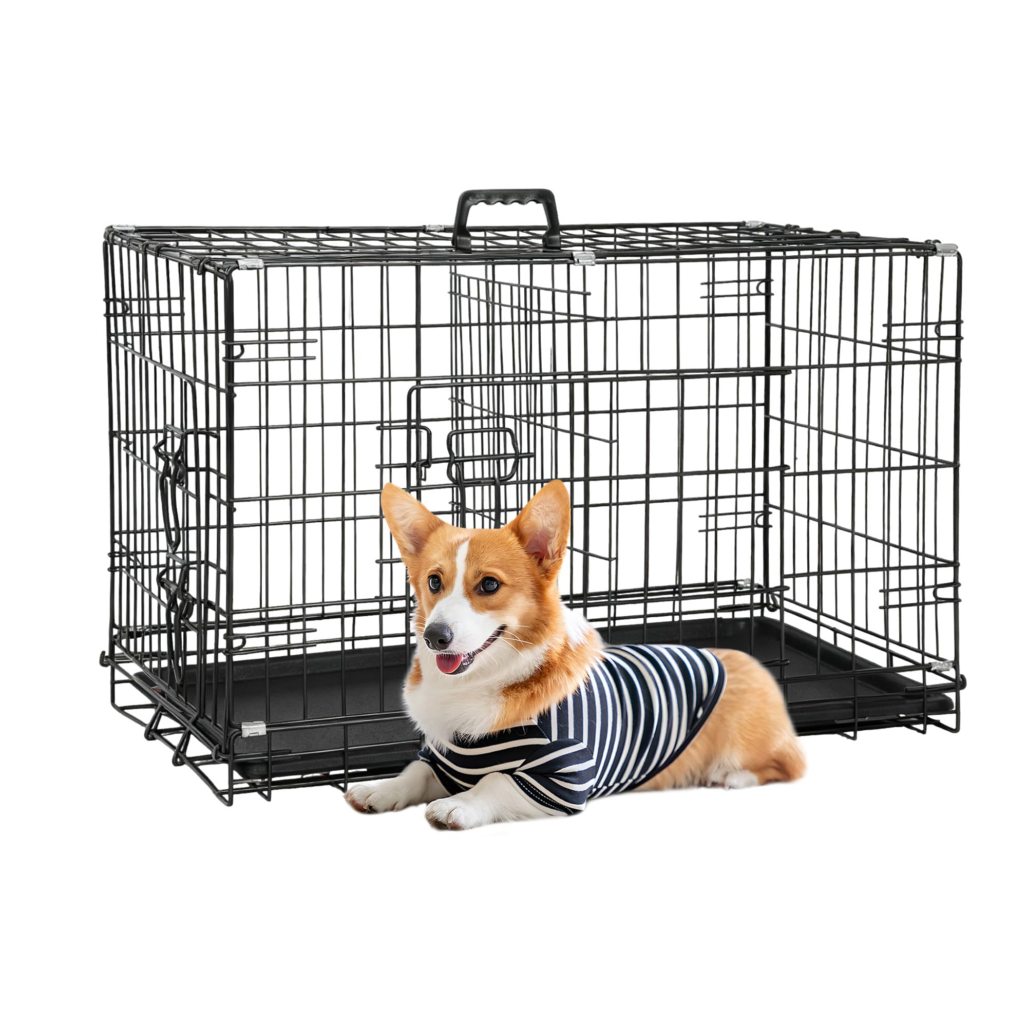 FDW 30-Inch Dog Crate Pet Cage with Metal Folding Design Plastic Tray Indoor Outdoor Dog Kennel Cage for Small and Medium Dogs,Dark Black Image