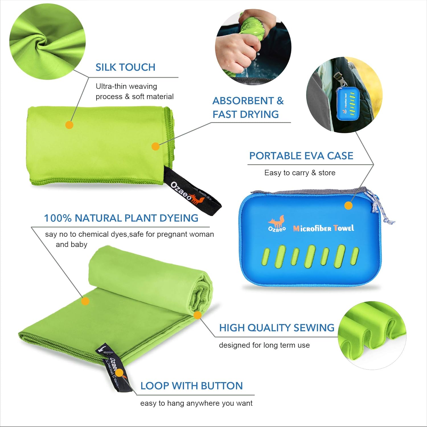 Ozaeo Microfiber Travel Towel, Lightweight Gym Towel, Ultra Compact, Fast Drying Camping Towel for Sports, Beach, Swimming, Cycling, Hiking Green-XXL: Kitchen & Dining