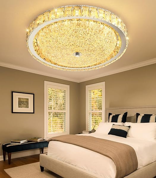 AFQEJG 19.6″ MODERN CRYSTAL CHANDELIER DIMMABLE LED FLUSH MOUNT CEILING LIGHT WITH REMOTE CONTROL FOR LIVING ROOM DINING ROOM BEDROOM HALLWAY FOYER SILVER