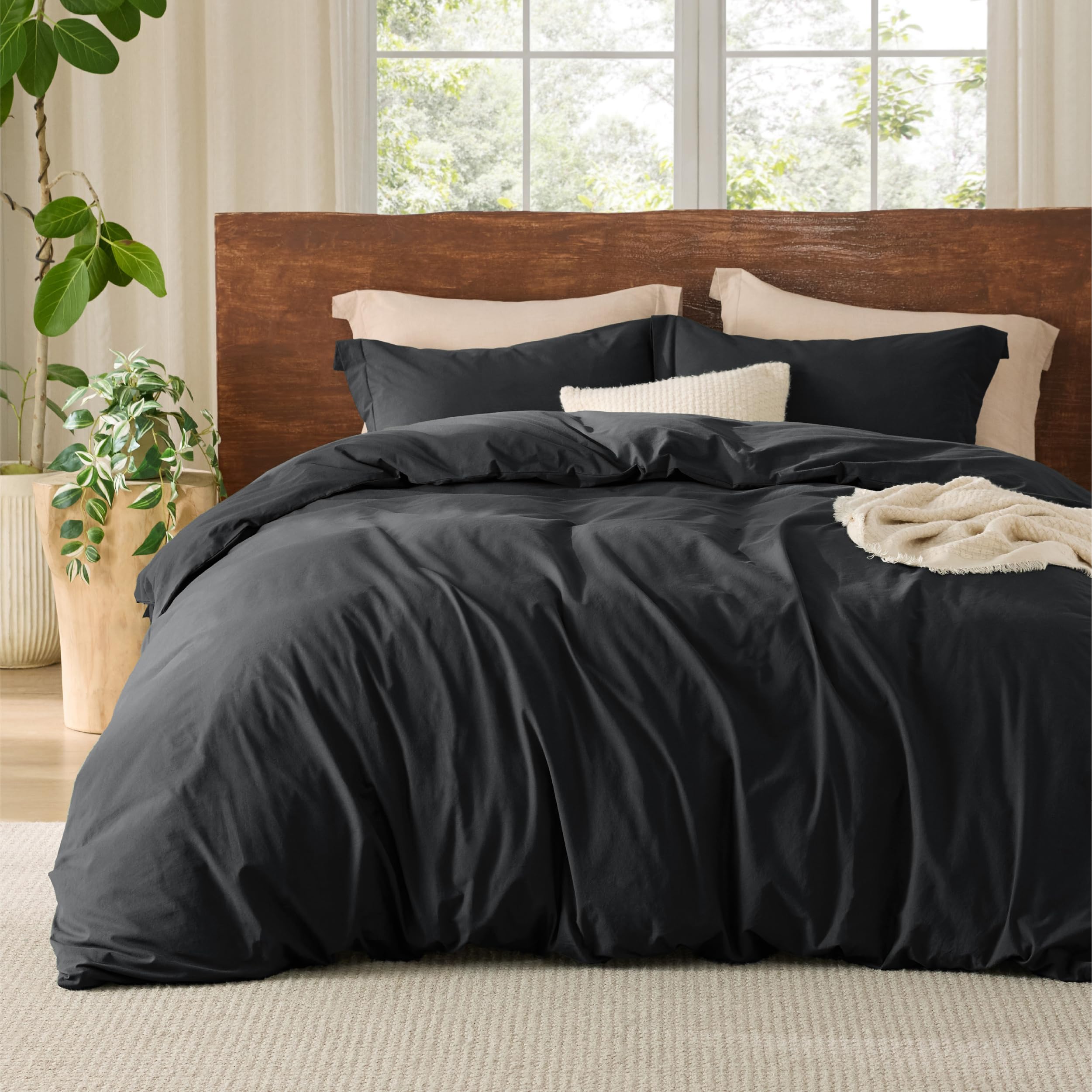 Photo 1 of Bedsure 100% Washed Cotton Duvet Cover Queen Size - Black Minimalist Cotton Duvet Cover Linen Like for All Seasons - GentleSoft™ Plain Simple Bedding (Black, Queen, 90"x90")