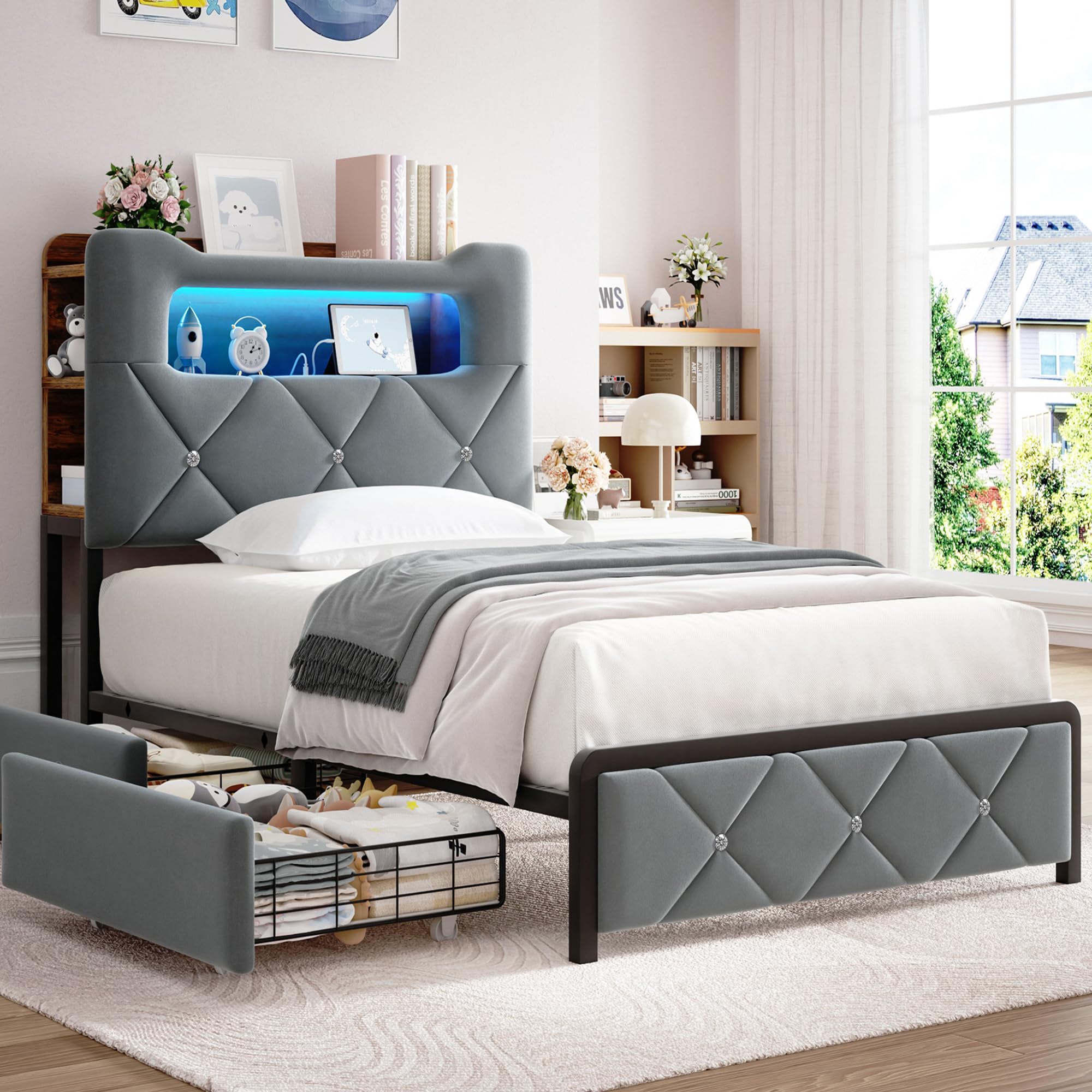 Photo 1 of  ** NO MATRESS **
Jocoevol Twin Upholstered LED Bed Frame with 2 Storage Drawers and 2-Tier Storage Bookcase Headboard, Velvet Platform Bed for Kids/Girls/Boys, Corner Bed Frame, Heavy Duty Metal Support, Grey