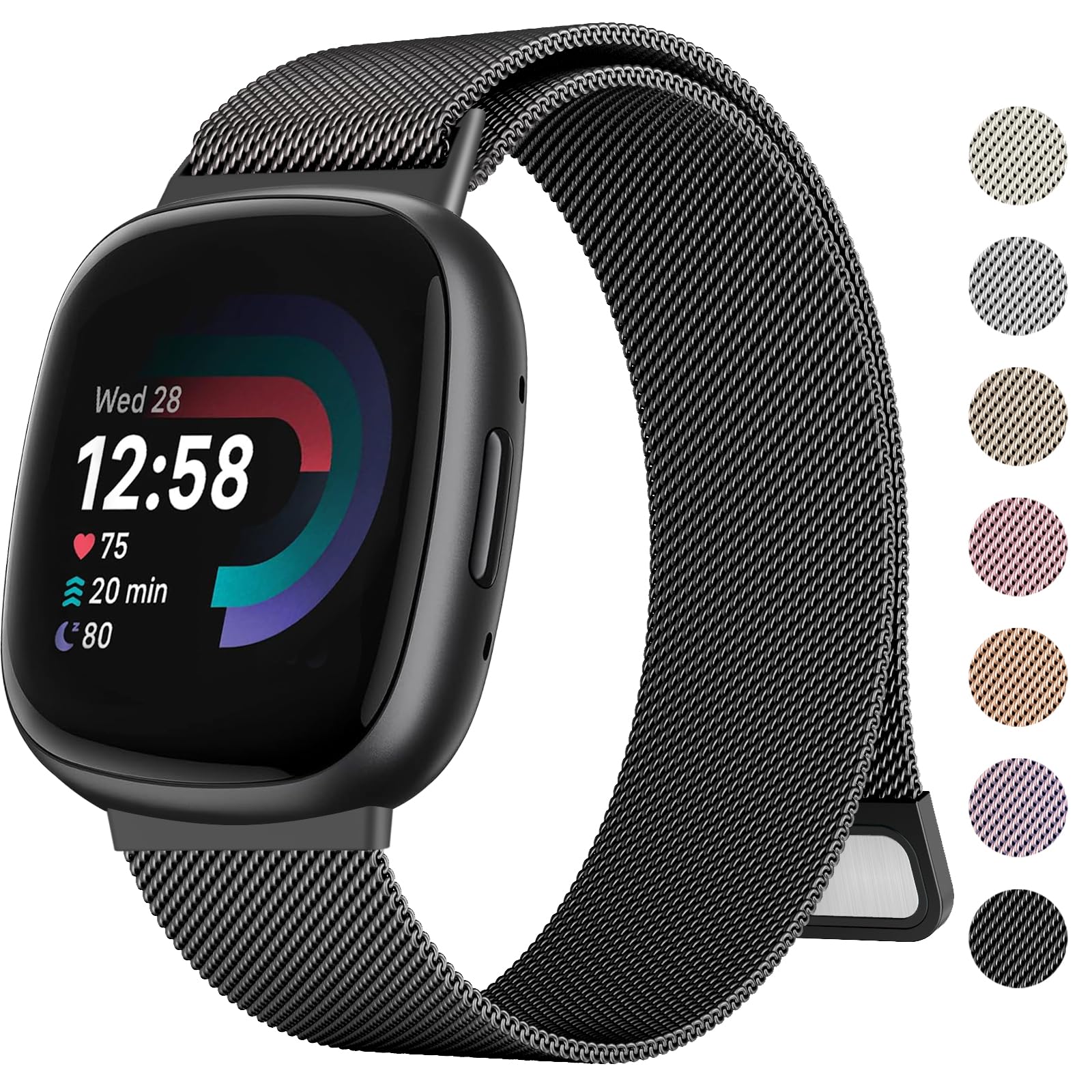 Tobfit Metal Strap for Sense/Sense 2/Versa 4/Versa 3 Straps for Women Men, Stainless Steel Mesh Loop Adjustable Wristband Replacement Strap (Black,Large for 150mm - 250mm wrists)