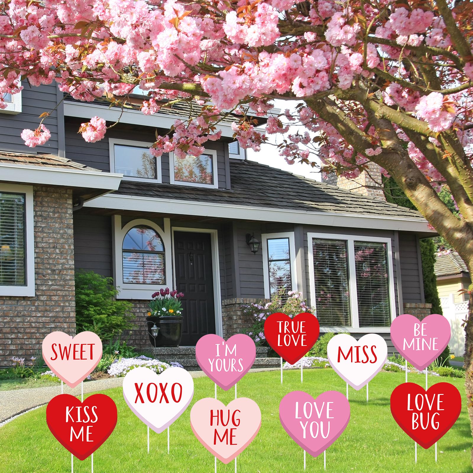 Photo 1 of Whaline 10Pcs Valentine's Day Yard Sign With 20Pcs Stakes Red Pink White Conversation Heart Lawn Sign Sweet Yard Decoration For Wedding Anniversary Outdoor Home Party