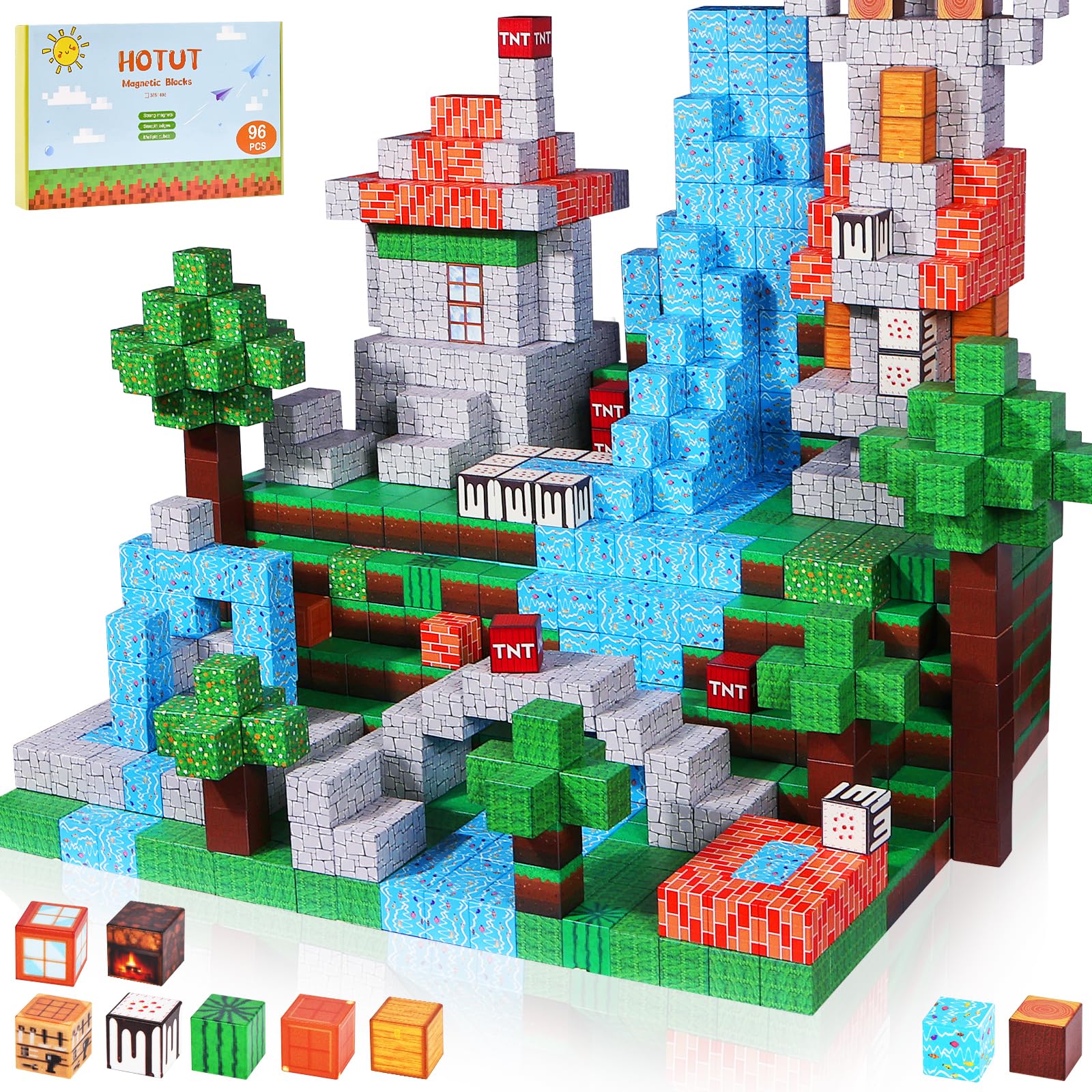 HOTUT 96 Pcs Magnetic Building Blocks Set, Build Mine Magnet World Set, Magnetic Tiles Building Blocks Toddler Toy STEM Sensory Toys for 3+ Year Old Boys & Girls, Creative Kids Games Kids Toys