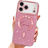 Jefonha Magnetic Case Designed for iPhone 17 Pro Max, [Compatible with Magsafe] Luxury Plating Love Heart Design for Women Girls, Shockproof Soft TPU Protective Glitter Cover,Pink
