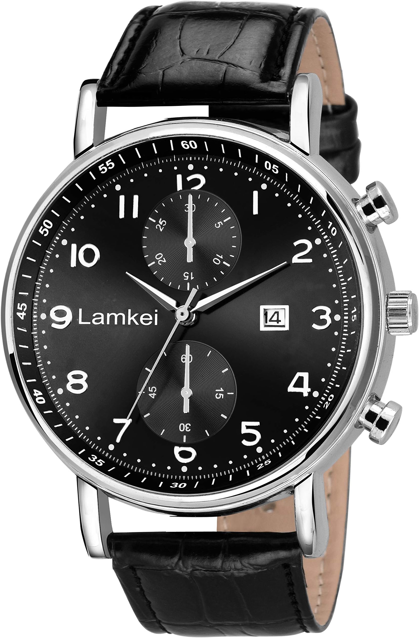 Lamkei Imported Automatic Date Change Chronograph Display Black Dial Black Leather Strap Men's Watch – LMK-0149