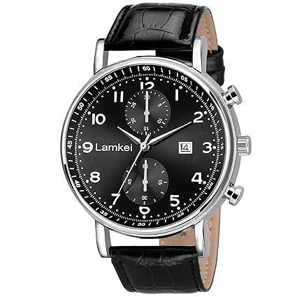 Lamkei Imported Automatic Date Change Chronograph Display Black Dial Black Leather Strap Mens Watch  LMK-0149