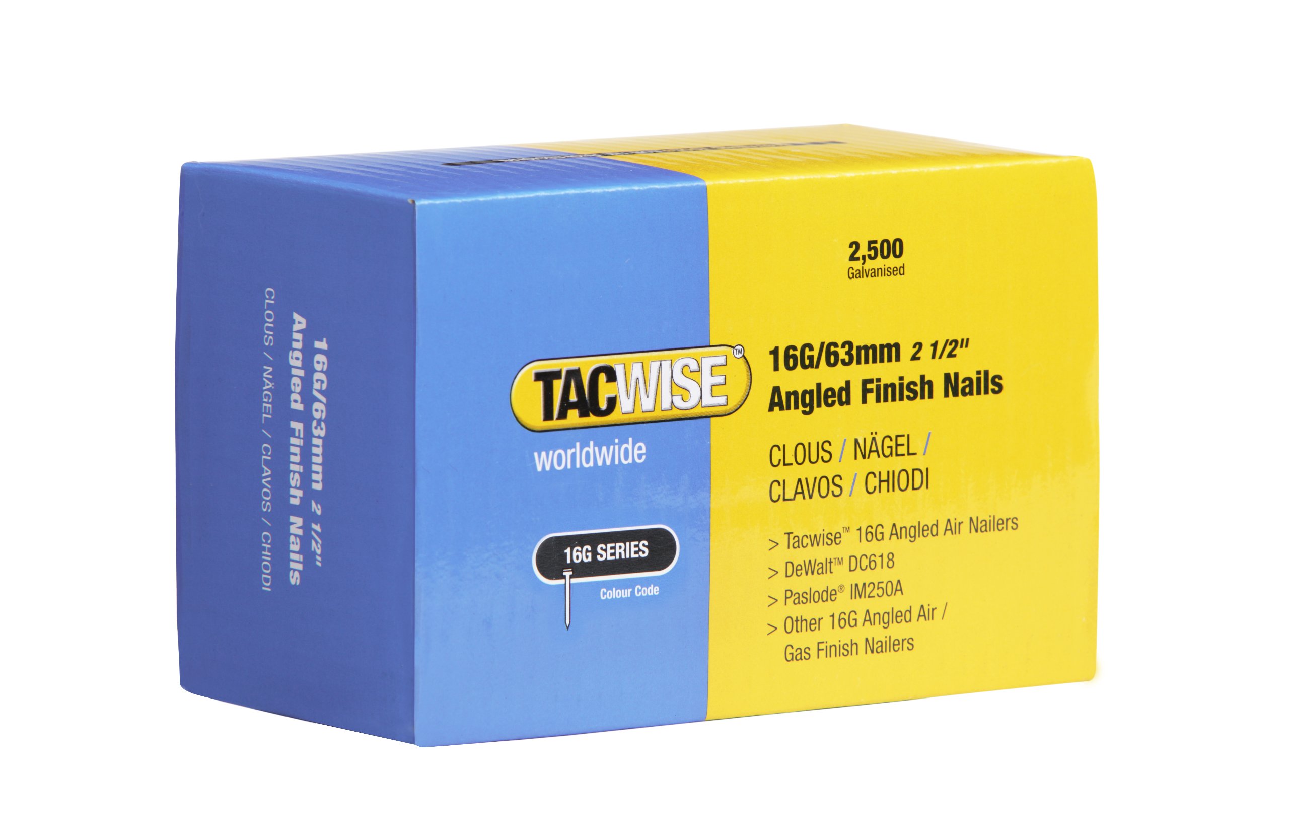 Tacwise 0773 Type 16G / 63 mm Galvanised Angled Finish Nails, 20° Inclined, Pack of 2500
