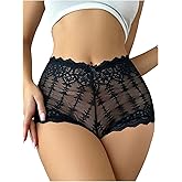 WDIRARA Women's Lace Panties Boyshorts Breathable Cheeky Underwear Mid Rise Briefs
