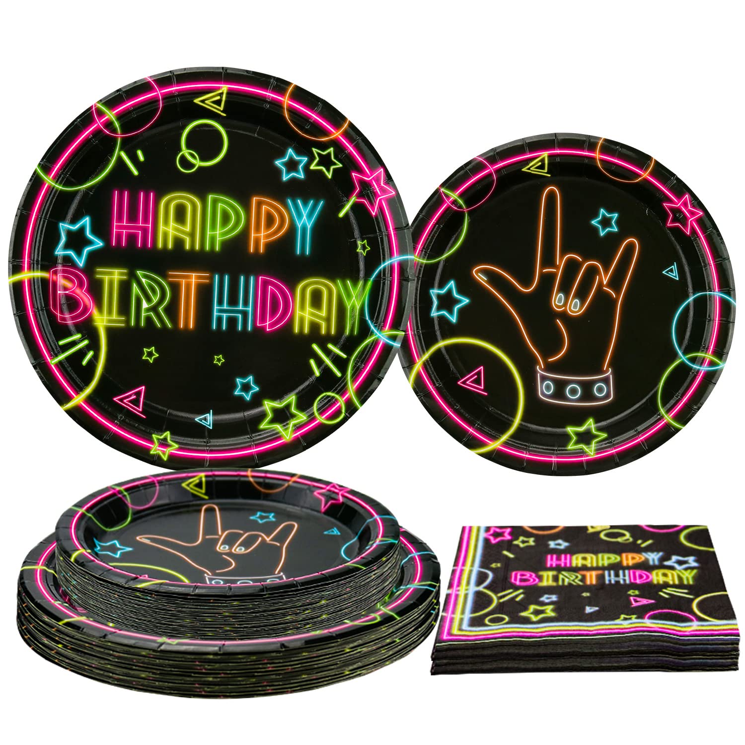 Glow Neon Party Supplies - Glow in the Dark Happy Birthday Plates and Fluorescent Napkins for Blacklight Neon Party Decorations, Serves 40 Guests (2)