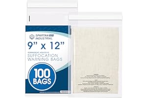 Spartan Industrial - 9" X 12" (100 Count) Self Seal Clear Poly Bags with Suffocation Warning for Packaging, T Shirts - Permanent Adhesive