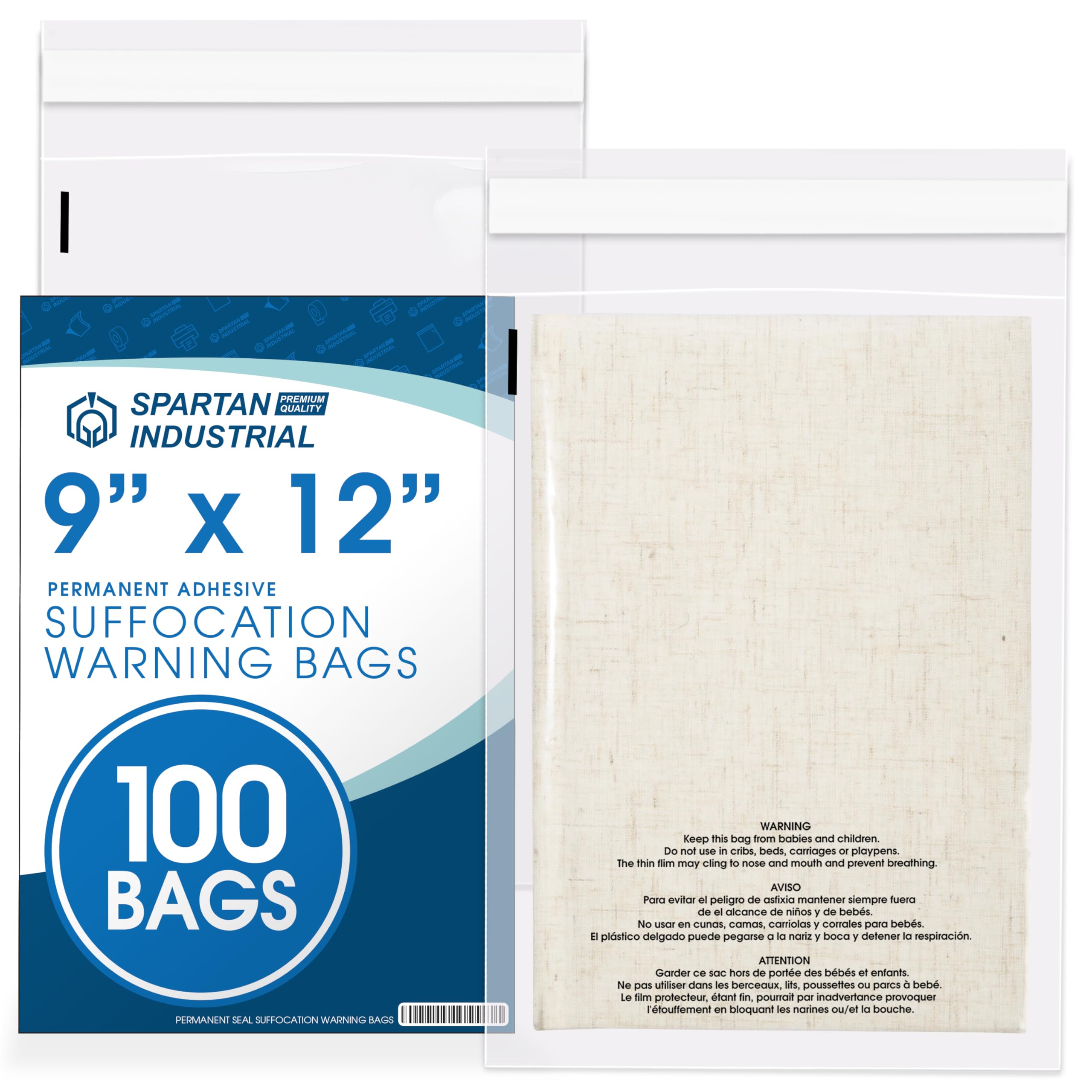 Spartan Industrial - 9" X 12" (100 Count) Self Seal Clear Poly Bags with Suffocation Warning for Packaging, T Shirts & FBA - Permanent Adhesive