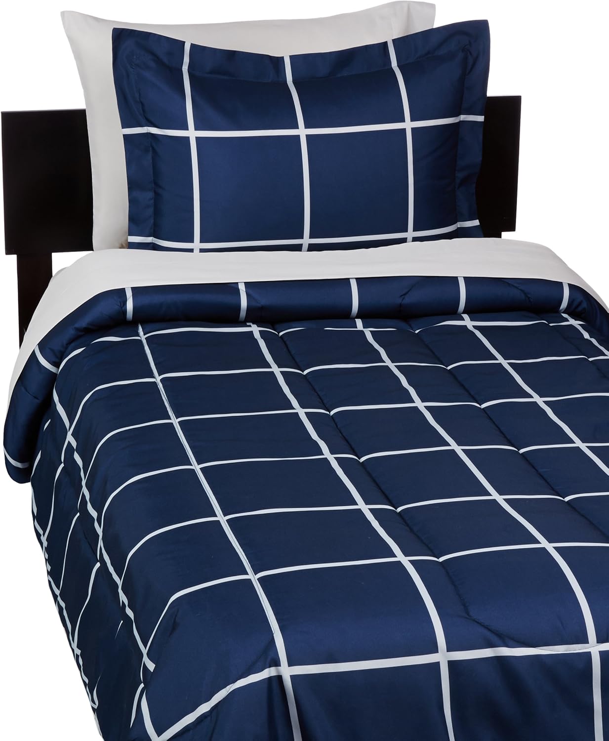 Basics 5-Piece Light-Weight Microfiber Bed-In-A-Bag Comforter Bedding Set - Twin or Twin XL, Navy Simple Plaid: Home & Kitchen