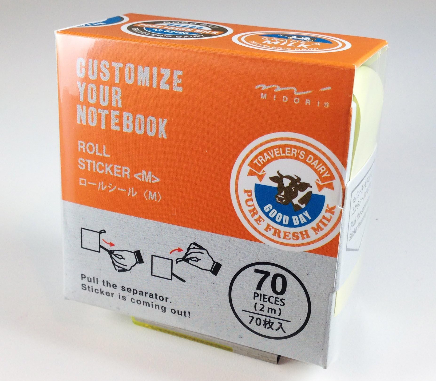 Midori Travelers Roll Stickers - Pure Fresh Milk - Roll of 40 Circle Stickers - Made in Japan