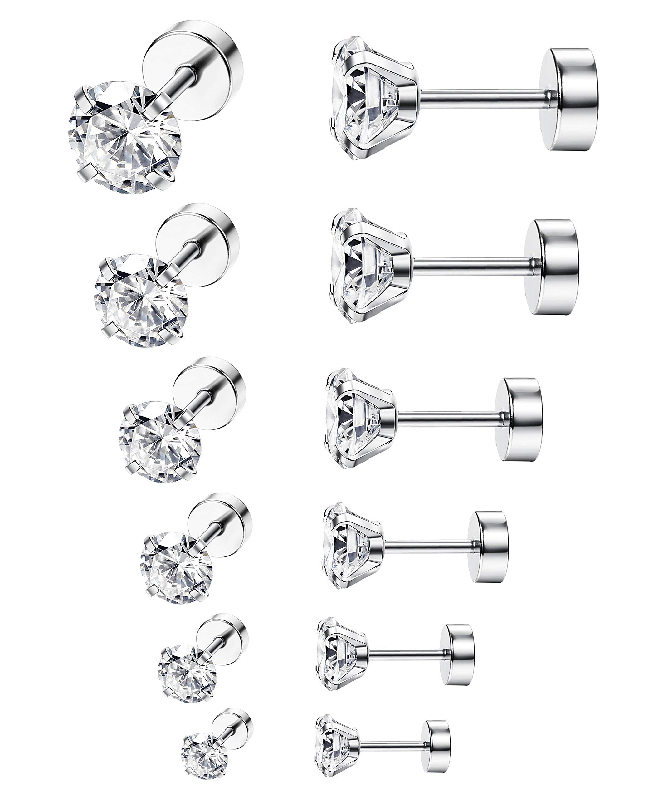 Adramata 6Pairs 18G Stainless Steel Ear Stud Piercing Barbell Studs Earrings Round Cubic Zirconia Inlaid Flat Backed Earrings for Women Men