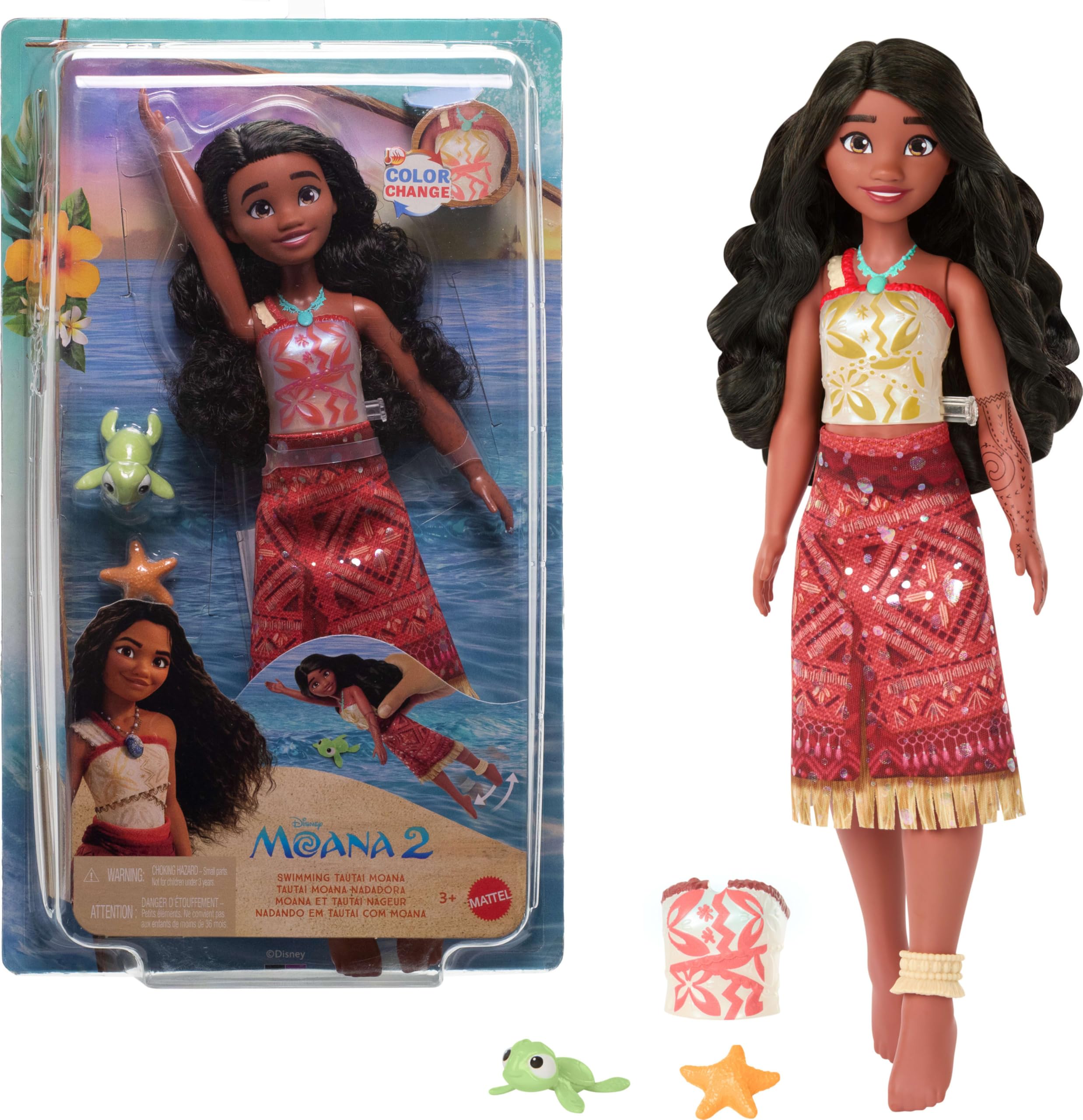 Mattel Disney Moana 2 Toys, Swimming Tautai Moana Fashion Doll with 2 Accessories, Color-Change Bodice & Kicking Legs, Inspired by the Movie, JFF08