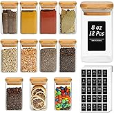 ComSaf 12Pcs Glass Spice Jars with Bamboo Lid, 8oz Airtight Square Containers with 275 Black Lables, Empty Seasoning Jars for Spice Salt Sugar