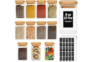 ComSaf 12Pcs Glass Spice Jars with Bamboo Lid, 8oz Airtight Square Spice Containers with 275 Black Lables, Empty Seasoning Ja
