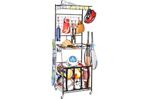 PLKOW Sports Equipment Storage for Garage, Indoor/Outdoor Sports Rack for Garage, Ball Storage Garage Organizer with Basket and Hooks,Toy/Sports Gear Storage