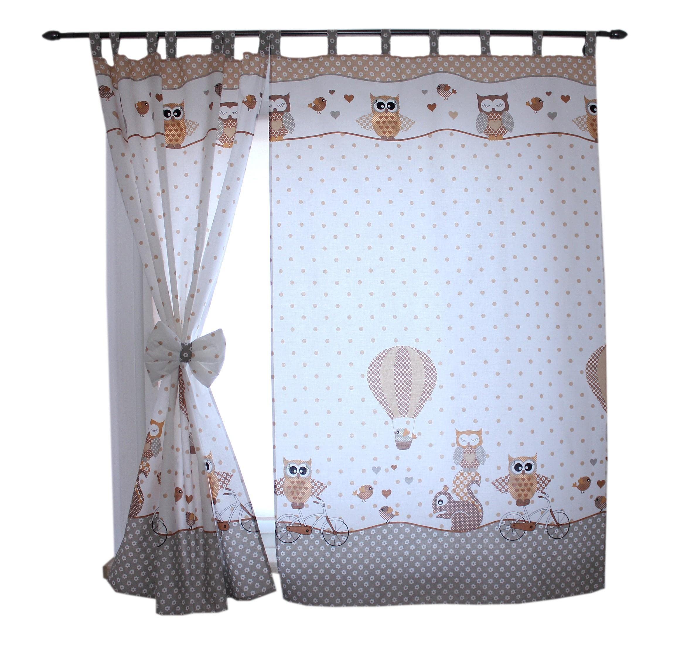 TupTam Children's Room Tab Top Curtains with Tiebacks, Owls 2 Beige, ca. 155x95 cm — image 1
