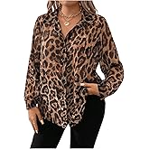 Floerns Women's Plus Size Long Sleeve Cheetah Shirts Leopard Button Down Blouse Top