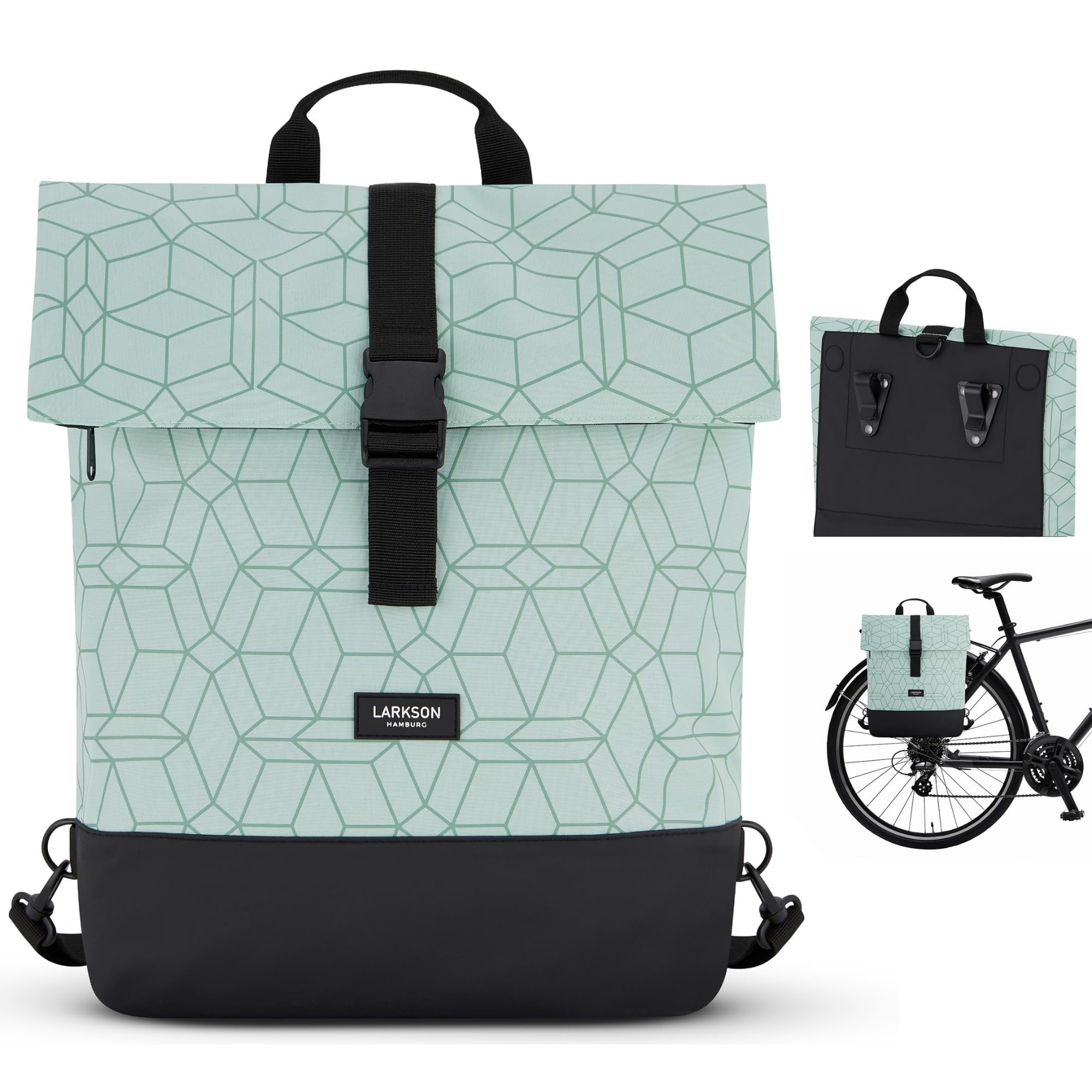 LARKSON Bike Pannier Bags Mint - Tammo Bike - 2 in 1 Cycle Backpack & Bicycle Bag for Rear Carrier, Made of Recycled Material - Water-Repellent