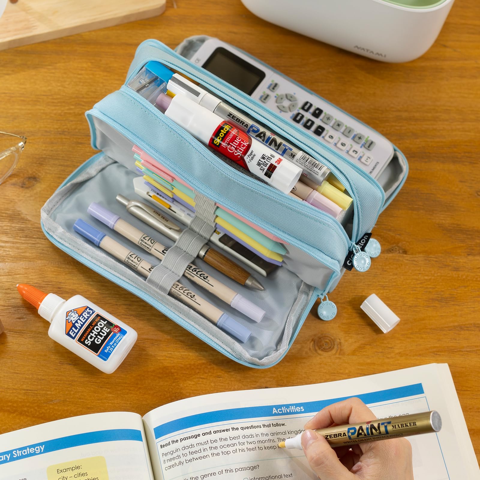CICIMELON Big Capacity Pencil Case 3 Compartments Pen Pouch Bag Multifunctional Organizer for School Office, Haze Blue