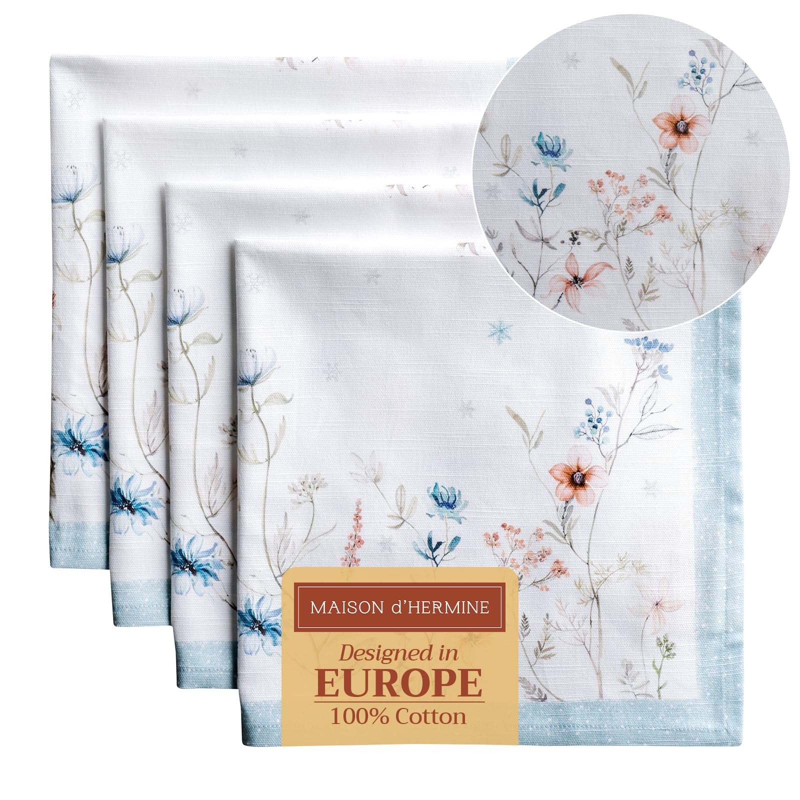 Maison d' Hermine Cloth Napkins Set of 4 100% Cotton for Christmas Decorations Everyday Reusable Square Autumn Napkins Cloth Washable Dinner Party Wedding (Ice Florals, 45 CM x 45 CM)
