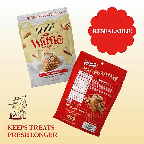GOT MILK? MINI WAFFLE CONES, PEANUT BUTTER, 4.24 OZ. / 119G RESEALABLE BAG, DELICIOUS PEANUT BUTTER FILLED WAFFLE CONE BITES, MINI ICE CREAM CONES FOR DESSERT OR SNACK, RETAIL PACK