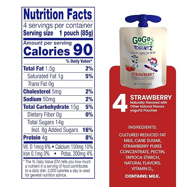 GOGO SQUEEZ LOW FAT YOGURTZ STRAWBERRY, 3 OZ POUCHES (PACK OF 4), KIDS SNACKS MADE FROM REAL YOGURT AND FRUIT, NO FRIDGE NEEDED, GLUTEN FREE, NUT FREE, RECLOSEABLE CAP, BPA FREE