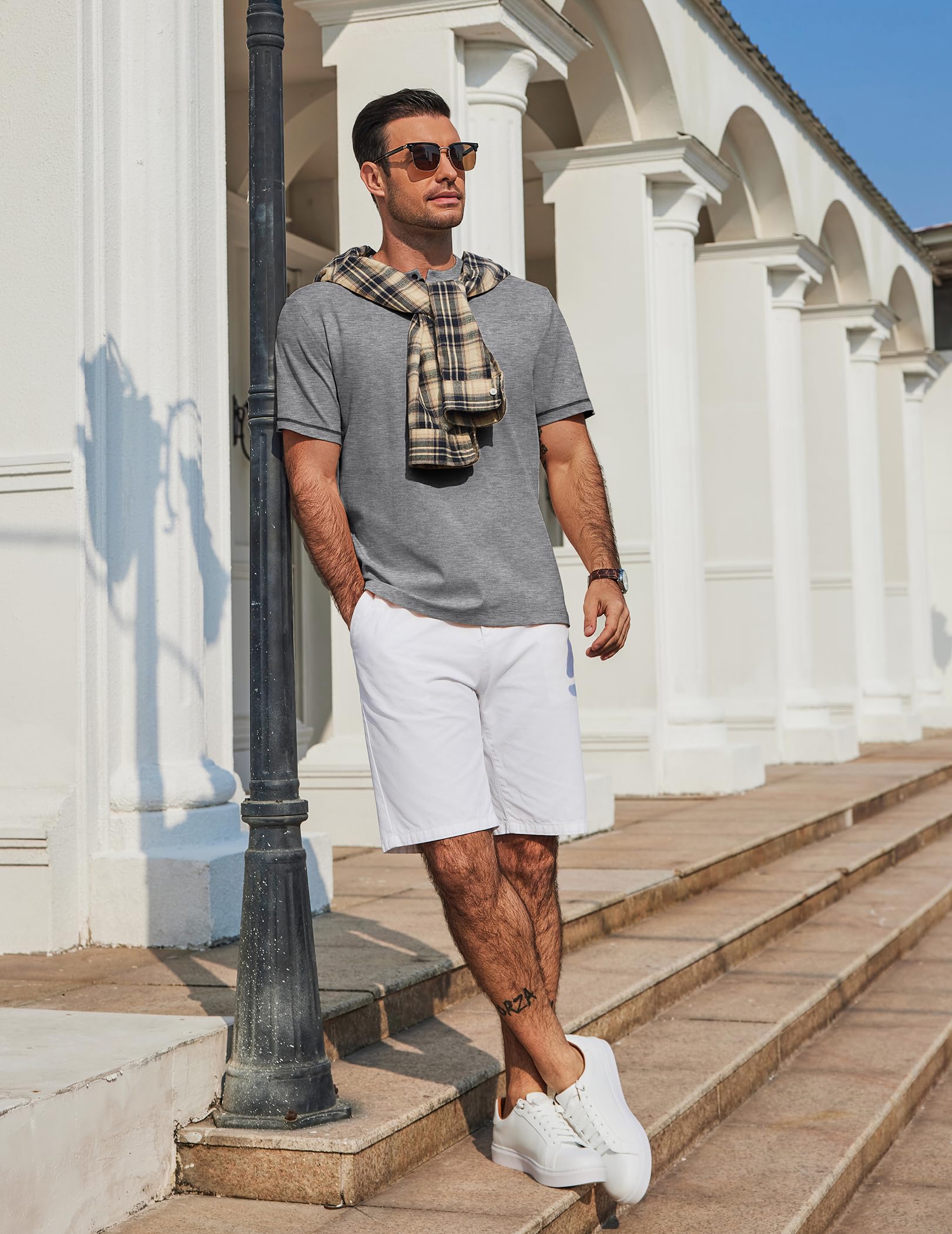 COOFANDY T Shirt Herren Baumwolle Herren Tshirt mit Knopfleiste Sommer Tee Männer Freizeit Shirt Regular Fit Dunkelgrau L 5