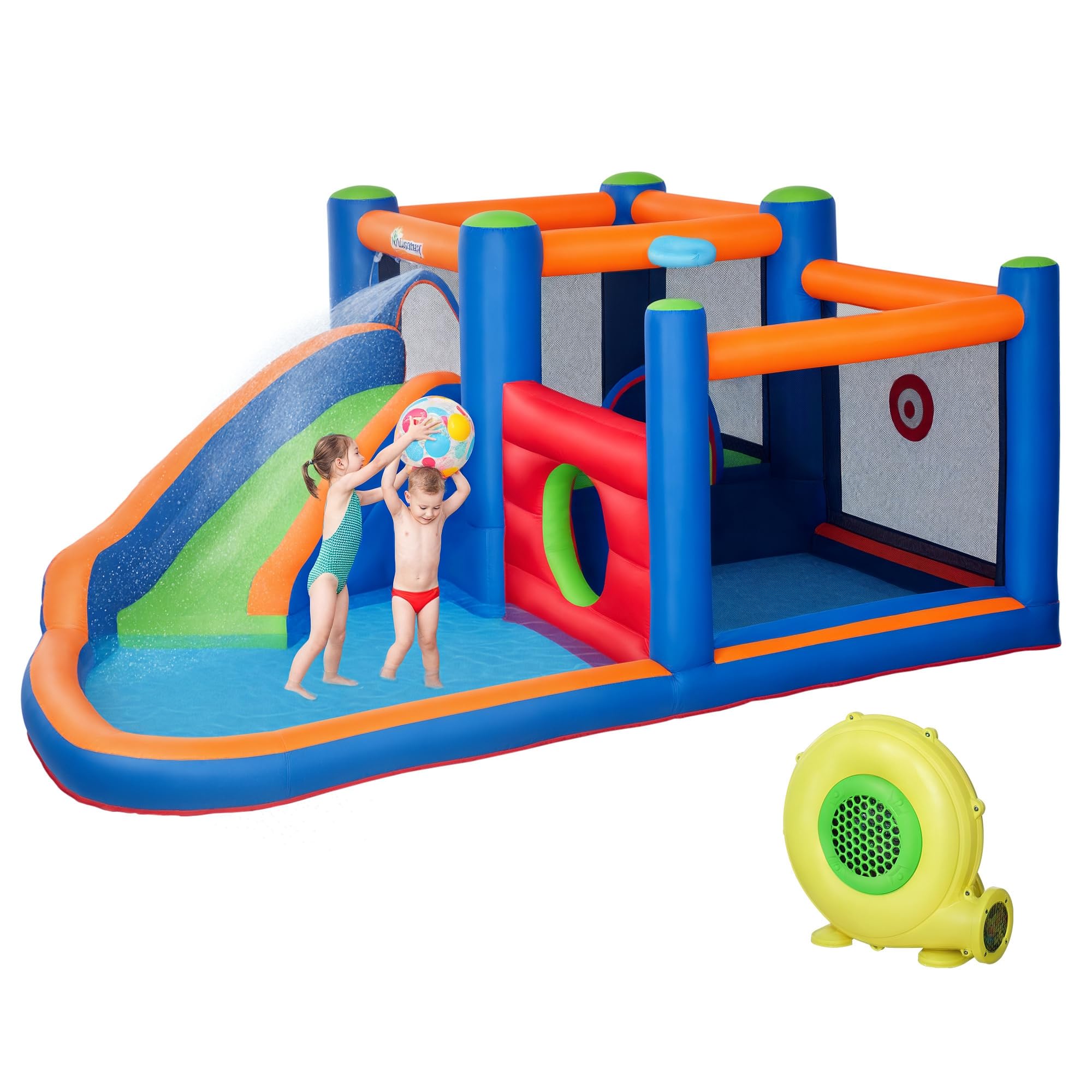 Outsunny Aufblasbare Hüpfburg Wasserpark mit Gebläse Hüpfburg mit Wasserrutsche Basketballkorb Aufblasbare Wasserspielcenter für Kinder ab 3 Jahren Trampolin Pool 380 x 340 x 170 cm